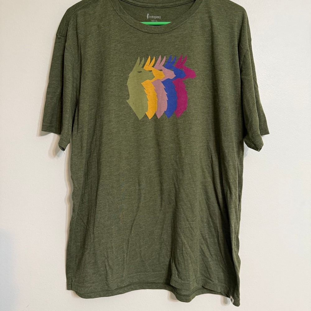 Cotopaxi Mens XXL Do Good Llama Graphic T-Shirt Olive Green Organic Cotton Blend
